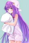  bare_shoulders bloomers blush bow crescent crescent_moon hair_bow hair_ornament long_hair midorikawa_you nightcap patchouli_knowledge pillow pillow_hug purple_eyes purple_hair solo touhou very_long_hair violet_eyes 