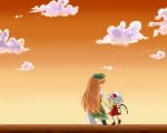   clouds flandre_scarlet holding_hands hong_meiling long_hair sky touhou translation_request tsukaji wings  