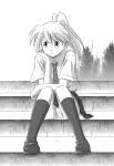  highres lielos monochrome necktie original panties pantyshot poniko_(lielos) school_uniform sitting skirt socks stairs underwear upskirt 