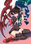  asymmetrical_wings black_hair black_legwear black_thighhighs classictime dress embellished_costume frills gloves houjuu_nue lace lace-trimmed_thighhighs pointy_ears polearm red_eyes short_hair snake solo thigh-highs thighhighs touhou trident weapon wings zettai_ryouiki 