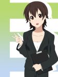  adult brown_eyes brown_hair business_suit clipboard face formal ikari_manatsu k-on! manabe_nodoka no_glasses open_mouth pant_suit short_hair smile solo suit v 