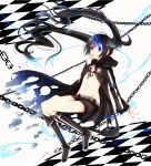  belt bikini_top black_hair black_rock_shooter black_rock_shooter_(character) blue_eyes boots chain checkered covering_mouth front-tie_top glowing glowing_eye glowing_eyes highres jacket kishi_naon long_hair mound_of_venus navel scar shorts solo star stitches torn_clothes twintails 