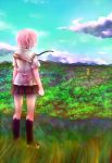  clouds forest houjou_kuniko nature pink_hair school_uniform shangri-la short_hair skirt sky xelie_(artist) 