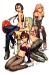  arm_support bare_shoulders belt between_legs boots breasts capcom casual chain character_request choker cleavage contemporary crop_top detached_sleeves final_fight hand_between_legs highres jeans justice_gakuen kasugano_sakura kazama_akira kneeling long_hair looking_back midriff morrigan_aensland multiple_girls poison_(final_fight) rival_schools saejin_oh scarf shoes sitting sneakers street_fighter tattoo vampire_(game) wariza 