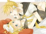  blonde_hair detached_sleeves hair_ornament hair_ribbon hairclip headphones kagamine_len kagamine_rin kiri_(lwp01_lav) necktie ribbon sheet_music short_hair siblings twins vocaloid 