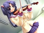  clannad game_cg hair_bobbles hair_ornament ichinose_kotomi instrument long_hair official_art purple_eyes purple_hair school_uniform skirt solo twintails two_side_up violet_eyes violin 