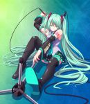  detached_sleeves highres legs long_hair microphone skirt thighhighs tsukumo twintails vocaloid 