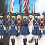  american_flag american_revolution animal_ears animal_hat battle bayonet blonde_hair blue_eyes british brown_bess coat coh english_flag explosion flag flagpole gun hat long_hair military military_uniform musket original ponytail short_hair skirt sky soldier sunlight thigh-highs uniform union_jack war weapon zettai_ryouiki 