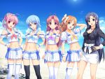  5girls ahoge antenna_hair aoi_matsuri beach belt black_hair blue_eyes blue_hair business_suit earrings green_eyes hair_ornament hair_ribbon himuro_rikka hinata_hanabi jewelry koutaro long_hair midriff minazuki_izumi multiple_girls navel necklace ocean orange_hair pink_hair purple_hair red_eyes ribbon saotome_nagi skirt sky thigh-highs tropical_kiss very_long_hair violet_eyes waitress 