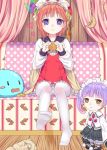  2girls atelier_(series) atelier_meruru atelier_rorona brown_hair chibi chimu_(atelier_totori) ikeda_yuuki maid_headdress multiple_girls panties panties_under_pantyhose pantyhose purple_hair rororina_fryxell short_hair underwear violet_eyes yellow_eyes 