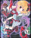  alternate_costume blonde_hair bow chibi cirno gothic_lolita hair_bow hat lolita_fashion multiple_girls mystia_lorelei pekopokox red_eyes rumia shikishi striped striped_legwear striped_thighhighs team_9 thigh-highs thighhighs touhou traditional_media wink wriggle_nightbug 