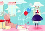  blue_eyes cake cloud clouds cup dress food fork gift green_hair happy_birthday hatsune_miku highres kneehighs long_hair mig_(36th_underground) rain socks stuffed_animal stuffed_toy tea teacup teapot teddy_bear twintails very_long_hair vocaloid window 