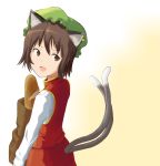  absurdres animal_ears bag black_hair bob_cut bread brown_eyes carrying cat_ears cat_tail chen earrings food from_behind hat highres jewelry looking_back multiple_tails open_mouth short_hair single_earring smile solo standing tail tometo touhou turtleneck 