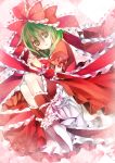  bloomers bow dress frills front_ponytail green_eyes green_hair hair_bow hair_ribbon hands_clasped kagiyama_hina leg_ribbon long_hair ribbon ringpearl socks solo stare touhou white_legwear 