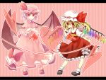  bat_wings blonde_hair blush bobby_socks collaboration crossed_arms fang flandre_scarlet glowing glowing_wings hand_on_own_face hands hat heart highres lavender_hair letterboxed long_skirt mary_janes mugura multiple_girls pasutel red_eyes remilia_scarlet shoes short_hair siblings sisters smile socks striped striped_background touhou wallpaper wings 