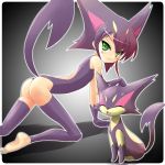  1girl barefoot gloves gradient_hair green_eyes leg_warmers leotard moemon multicolored_hair personification pokemon pokemon_(creature) pokemon_(game) pokemon_black_and_white pokemon_bw purple_hair purrloin tail tenjou_ryuka 