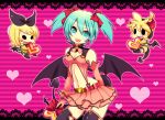  1boy 2girls aqua_hair belt blonde_hair chibi d_(pixiv544157) demon_tail demon_wings elbow_gloves garter_straps garters gloves hatsune_miku headset heart heart_hunter kagamine_len kagamine_rin multiple_girls navel project_diva short_hair skirt tail thighhighs twintails vocaloid wings 