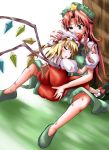  2girls blush braid bruise flandre_scarlet hand_on_head hat hirayama-h hong_meiling injury long_hair multiple_girls short_hair sleeping torn_clothes touhou wings 