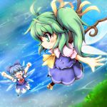  2girls arms_up ascot blue_dress blue_eyes blue_hair blue_sky bow cirno daiyousei dress fairy_wings flying green_eyes green_hair hair_bow hair_ribbon highres ice ice_wings multiple_girls open_mouth puffy_sleeves ribbon shirt short_sleeves side_ponytail skirt skirt_set sky smile sore_(whirlwind) touhou vest water wings 