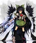  amyu_amyu arm_cannon asymmetrical_clothes black_hair black_wings bow cape colored eyes hair_bow long_hair mismatched_footwear red_eyes reiuji_utsuho shishigami_(sunagimo) solo touhou very_long_hair weapon wings 