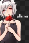  albino checkered flower highres original red_eyes shirotaka_(akrrkm) short_hair silver_hair solo spider_lily white_hair 