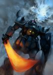  clouds from_below glowing gouf gundam looking_down m874 mecha mobile_suit_gundam no_humans shield solo sword weapon 