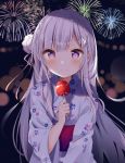  braid candy_apple crown_braid elf emilia_(re:zero) fireworks flower food hair_ornament highres japanese_clothes kimono night pointy_ears re:zero_kara_hajimeru_isekai_seikatsu shiino_sera silver_hair smile upper_body violet_eyes white_flower x_hair_ornament yukata 