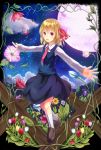 blonde_hair cloud fang flower hair_ribbon highres moon muneyuki necktie night night_sky open_mouth outstretched_arms red_eyes ribbon rumia sky spread_arms star_(sky) starry_sky touhou tulip 