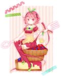  blueberry bow cake food food_themed_clothes fork frills fruit hair_bow heart highres original personification pink_legwear raspberry ribbon solo strawberry thighhighs vertical-striped_legwear vertical_stripes 
