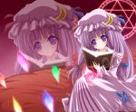  blush book bow crystal hair_bow hat head_tilt hexagram long_hair magic magic_circle marionette_(excle) patchouli_knowledge purple_hair sitting solo touhou violet_eyes zoom_layer 