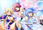  ahoge angel_wings astraea blonde_hair blue_hair breasts chain cleavage collar feathers green_eyes hair_ribbon ikaros large_breasts long_hair multiple_girls navel nymph_(sora_no_otoshimono) open_mouth pink_hair red_eyes ribbon skirt smile sora_no_otoshimono thigh-highs twintails white_gloves wings 