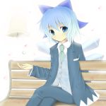  alternate_costume bell bench blue_eyes blue_hair blush bow bunchou_(bunchou3103) cirno contemporary crossed_legs formal hair_bow hair_ornament jewelry pant_suit petals ring short_hair sitting solo suit touhou wings 