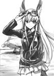  airplane animal_ears goggles goggles_on_head hanna-justina_marseille head_wings long_hair military monochrome propeller sandwich_(artist) sketch skirt smile strike_witches tail uniform 