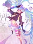  araki_(bouncer) belt blue_eyes blue_hair boots breasts cleavage fingerless_gloves front-tie_top gloves hatsune_miku headset highres knee_boots knife long_hair midriff navel perspective salute skirt solo tied_shirt twintails very_long_hair vocaloid wink 