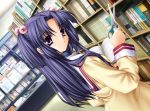  book clannad dutch_angle game_cg hair_bobbles hair_ornament hinoue_itaru ichinose_kotomi library long_hair official_art purple_eyes purple_hair school_uniform scissors solo twintails two_side_up violet_eyes 