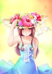  brown_hair dress flower hand_on_hat hat hibiscus long_hair mousoup original tomoko_(mousoup) 