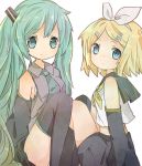  bad_id blonde_hair detached_sleeves green_eyes green_hair hair_ornament hair_ribbon hairclip hatsune_miku kagamine_rin kneehighs long_hair midriff mochinoayu multiple_girls necktie ribbon short_hair simple_background sitting skirt socks thigh-highs thighhighs twintails very_long_hair vocaloid 