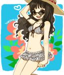  black_hair brown_eyes frills front-tie_top hat long_hair navel skirt smile sunglasses swimsuit yukke 