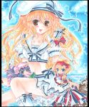  alternate_costume alternate_hairstyle beret blonde_hair blush broom brown_eyes chibi colored_pencil_(medium) hat kirisame_marisa marker_(medium) midriff minigirl patchouli_knowledge pekopokox shanghai shanghai_doll shikishi smile star touhou traditional_media 