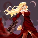  bad_id bare_shoulders blonde_hair breasts cleavage crescent dress earrings elbow_gloves elysion fishnets gloves grin gun jewelry large_breasts long_hair miyakure red_eyes redsink smile solo sound_horizon stardust thighhighs weapon 