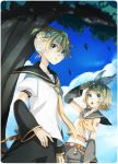  blonde_hair brother_and_sister cloud clouds detached_sleeves hair_ornament hair_ribbon hairclip headphones kagamine_len kagamine_rin midriff necktie ribbon salute short_hair siblings sky smile tama_(songe) tree twins vocaloid 