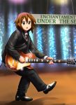  brown_eyes brown_hair cosplay diesel-turbo engrish formal gibson guitar hair_ornament hairclip hirasawa_yui instrument k-on! marty_mcfly marty_mcfly_(cosplay) necktie parody ranguage short_hair stage suit 