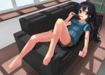  black_hair brown_eyes casual cellphone couch k-on! legs long_hair nakano_azusa phone popsicle touboku twintails window 