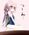  :t animal_ears barefoot blush flat_chest frown mystia_lorelei one-piece_swimsuit pink_hair pout school_swimsuit seiza short_hair sitting solo swimsuit touhou urimono v_arms wings yellow_eyes 