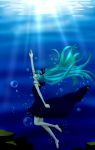  aqua_eyes aqua_hair barefoot dress hatsune_miku highres legs long_hair looking_up reaching shinkai_shoujo_(vocaloid) tomato-ed underwater very_long_hair vocaloid water 