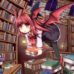  1girl ascot bat_wings black_dress black_legwear book_stack bookshelf dress head_wings highres juliet_sleeves koakuma ladder library long_hair long_sleeves open_mouth pantyhose puffy_sleeves red_eyes red_shoes redhead shirt shoes solo sore_(whirlwind) touhou very_long_hair window wings 