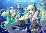  chibi detached_sleeves green_eyes green_hair hand_on_headphones hatsune_miku headphones headset long_hair microphone microphone_stand music_stand necktie project_diva skirt smile spring_onion studio_microphone syaron thigh-highs thighhighs twintails very_long_hair vocaloid 