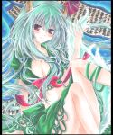  arm_support blush breasts cleavage crop_top ex-keine front-tie_top green_hair horn_ribbon horns kamishirasawa_keine large_breasts legs midriff multicolored_hair pekopokox ribbon scroll shikishi silver_hair sitting tail touhou traditional_media 