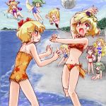  aki_shizuha beach blonde_hair brown_hair chen cloud daiyousei flying gap green_hair ibuki_suika kawashiro_nitori lowres nanashii_(soregasisan) red_eyes rumia swimsuit touhou volleyball water yakumo_ran yakumo_yukari 