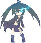  bad_id bangs bikini_top black_rock_shooter black_rock_shooter_(character) blue_eyes boots chibi coat glowing glowing_eyes knee_boots long_hair navel open_mouth shorts simple_background solo star twintails very_long_hair y-614 